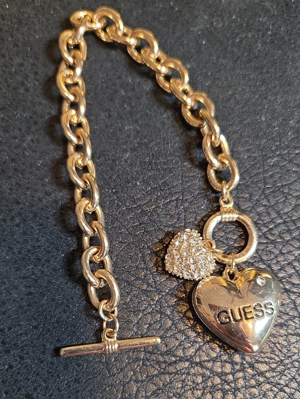 Guess Gold-Tone Puffy Hearts Charm Chain Bracelet with Pavé Accent